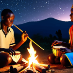 **

"Vibrant Rwandan musicians playing traditional instruments (Inanga, drums) around a bonfire under a starlit sky, sharing stories of ancestors. Warm, inviting atmosphere."

**