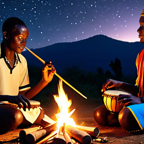 Home 6 **
"Vibrant Rwandan musicians playing traditional instruments (Inanga, drums) around a bonfire under a starlit sky, sharing stories of ancestors. Warm, inviting atmosphere."
**