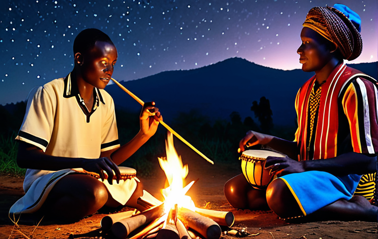**
"Vibrant Rwandan musicians playing traditional instruments (Inanga, drums) around a bonfire under a starlit sky, sharing stories of ancestors. Warm, inviting atmosphere."
**