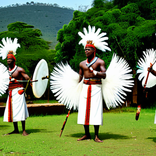 Home 28 A group of professional Rwandan male dancers fully clothed in traditional Intore warrior attire, featuring ornate patterns, vibrant natural fabrics, and modest long garments. They wear elaborate headdresses adorned with white ostrich feathers and hold decorative, non-threatening ceremonial shields and spears. The dancers are performing energetic, powerful movements on a sunlit, earthy stage in an open-air cultural village, with lush green trees and a clear sky in the background. High-quality professional photography, perfect anatomy, correct proportions, well-formed hands, proper finger count, natural pose, detailed textures, rich colors, sharp focus. safe for work, appropriate content, fully clothed, modest, family-friendly.