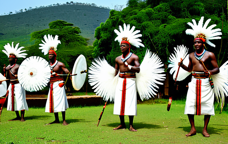 A group of professional Rwandan male dancers fully clothed in traditional Intore warrior attire, featuring ornate patterns, vibrant natural fabrics, and modest long garments. They wear elaborate headdresses adorned with white ostrich feathers and hold decorative, non-threatening ceremonial shields and spears. The dancers are performing energetic, powerful movements on a sunlit, earthy stage in an open-air cultural village, with lush green trees and a clear sky in the background. High-quality professional photography, perfect anatomy, correct proportions, well-formed hands, proper finger count, natural pose, detailed textures, rich colors, sharp focus. safe for work, appropriate content, fully clothed, modest, family-friendly.