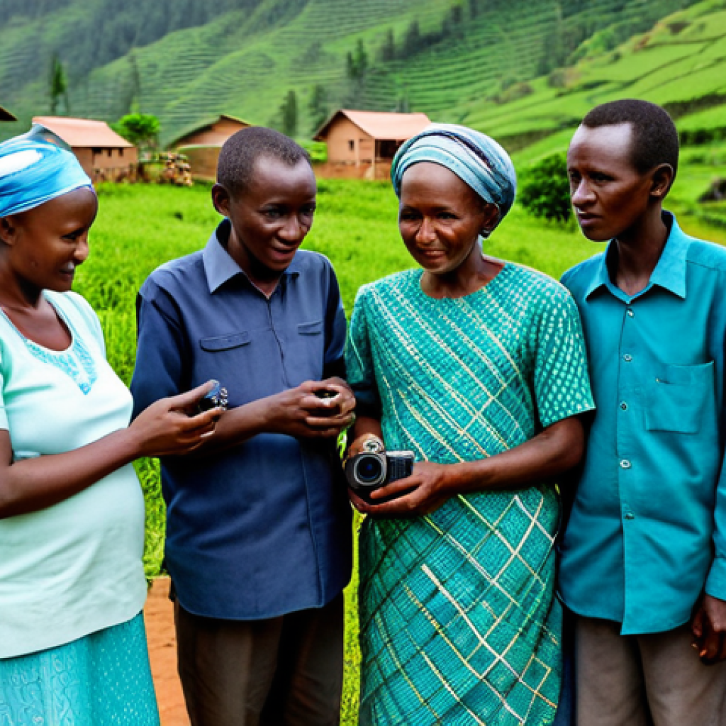A group of Rwandan villagers, diverse ages, fully clothed in modest, appropriate attire, attentively gathered around a small portable radio in a rural community setting. Lush green hills and traditional homes are visible in the background. The atmosphere is calm and communal, conveying unity and information sharing. Perfect anatomy, correct proportions, natural pose, well-formed hands, proper finger count, natural body proportions. Professional photography, high quality, safe for work, appropriate content, family-friendly, professional dress.