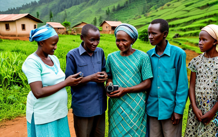 A group of Rwandan villagers, diverse ages, fully clothed in modest, appropriate attire, attentively gathered around a small portable radio in a rural community setting. Lush green hills and traditional homes are visible in the background. The atmosphere is calm and communal, conveying unity and information sharing. Perfect anatomy, correct proportions, natural pose, well-formed hands, proper finger count, natural body proportions. Professional photography, high quality, safe for work, appropriate content, family-friendly, professional dress.