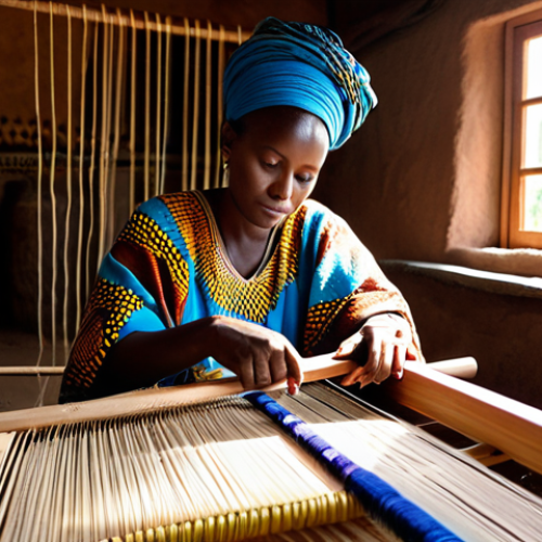 Home 26 A skilled Rwandan artisan, fully clothed in modest, vibrant traditional African attire, gently weaving intricate patterns on a loom. The scene is set inside a sunlit, traditional village workshop, featuring natural textures and earthy tones, with beautiful handcrafted creations subtly displayed around them. Perfect anatomy, correct proportions, natural pose, well-formed hands, proper finger count. High-resolution, professional photography, soft natural lighting, warm colors, appropriate content, safe for work, family-friendly.