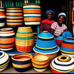 Woven Baskets Display**

"A colorful display of intricately woven Rwandan baskets in a bustling marketplace. The baskets vary in size, pattern, and color, showcasing traditional Rwandan designs. Market vendors are fully clothed in modest, vibrant attire. Background: Fresh produce and local crafts. Safe for work, appropriate content, fully clothed, professional, family-friendly, perfect anatomy, correct proportions, well-formed hands, proper finger count, natural body proportions."

**