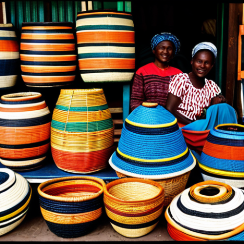 Home 12 Woven Baskets Display**
"A colorful display of intricately woven Rwandan baskets in a bustling marketplace. The baskets vary in size, pattern, and color, showcasing traditional Rwandan designs. Market vendors are fully clothed in modest, vibrant attire. Background: Fresh produce and local crafts. Safe for work, appropriate content, fully clothed, professional, family-friendly, perfect anatomy, correct proportions, well-formed hands, proper finger count, natural body proportions."
**