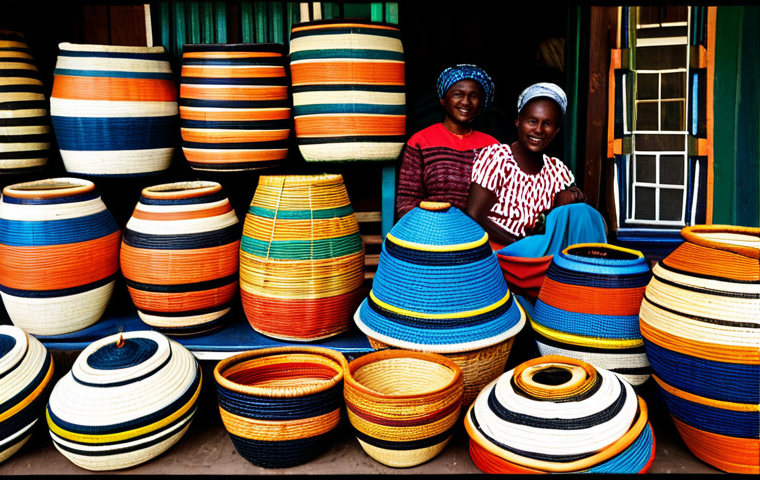 Woven Baskets Display**

"A colorful display of intricately woven Rwandan baskets in a bustling marketplace. The baskets vary in size, pattern, and color, showcasing traditional Rwandan designs. Market vendors are fully clothed in modest, vibrant attire. Background: Fresh produce and local crafts. Safe for work, appropriate content, fully clothed, professional, family-friendly, perfect anatomy, correct proportions, well-formed hands, proper finger count, natural body proportions."

**