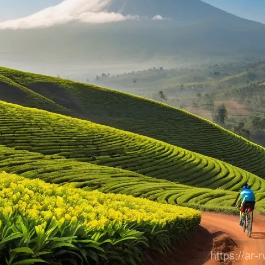 르완다에서 자전거 투어 - **"A lone cyclist, wearing a modern cycling helmet, brightly colored athletic jersey, and padded cyc...