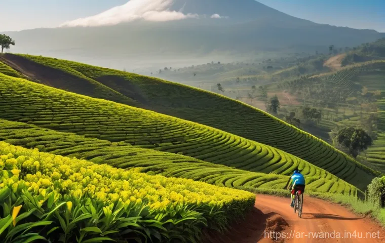 르완다에서 자전거 투어 - **"A lone cyclist, wearing a modern cycling helmet, brightly colored athletic jersey, and padded cyc...