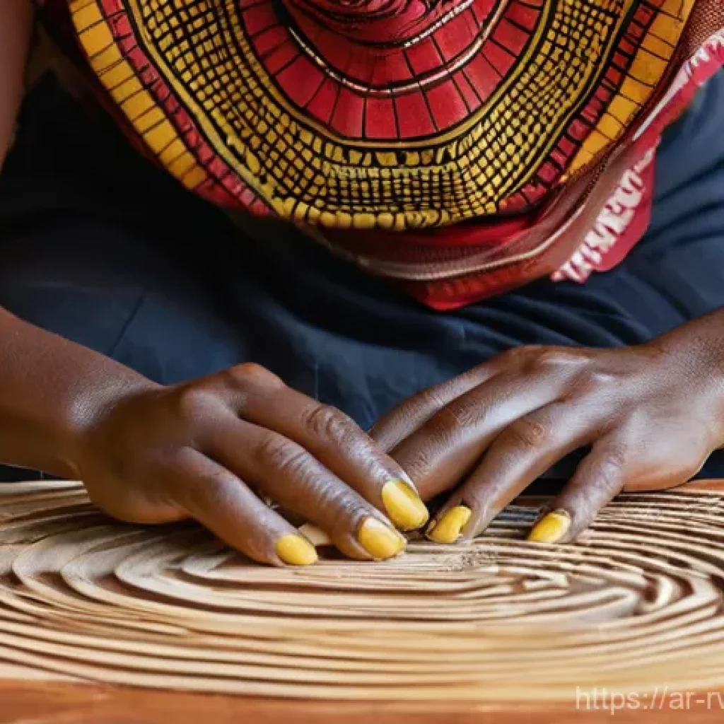 르완다 전통 직물 - Imigongo Art: A Weaver's Concentration**
A close-up, medium-shot photograph of a Rwandan woman in h...