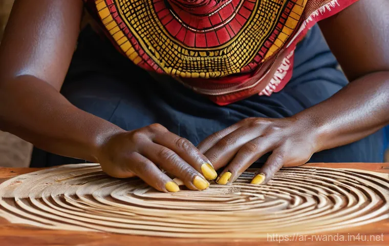 르완다 전통 직물 - Imigongo Art: A Weaver's Concentration**

A close-up, medium-shot photograph of a Rwandan woman in h...