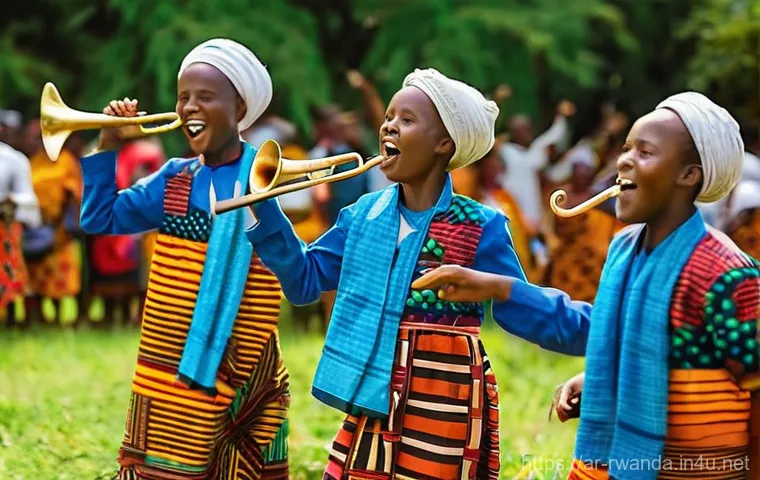 르완다의 주요 전통 악기 소개 - **Prompt 2: Rhythmic Power of Ingoma Drummers**
    "A dynamic shot of a group of three powerful Rwa...
