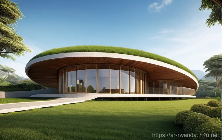 르완다의 주요 건축 양식 - "A serene architectural rendering of a contemporary building in Rwanda, gracefully integrating eleme...