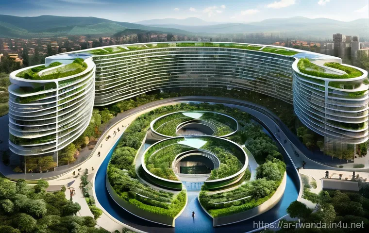 르완다의 주요 건축 양식 - "A serene architectural rendering of a contemporary building in Rwanda, gracefully integrating eleme...