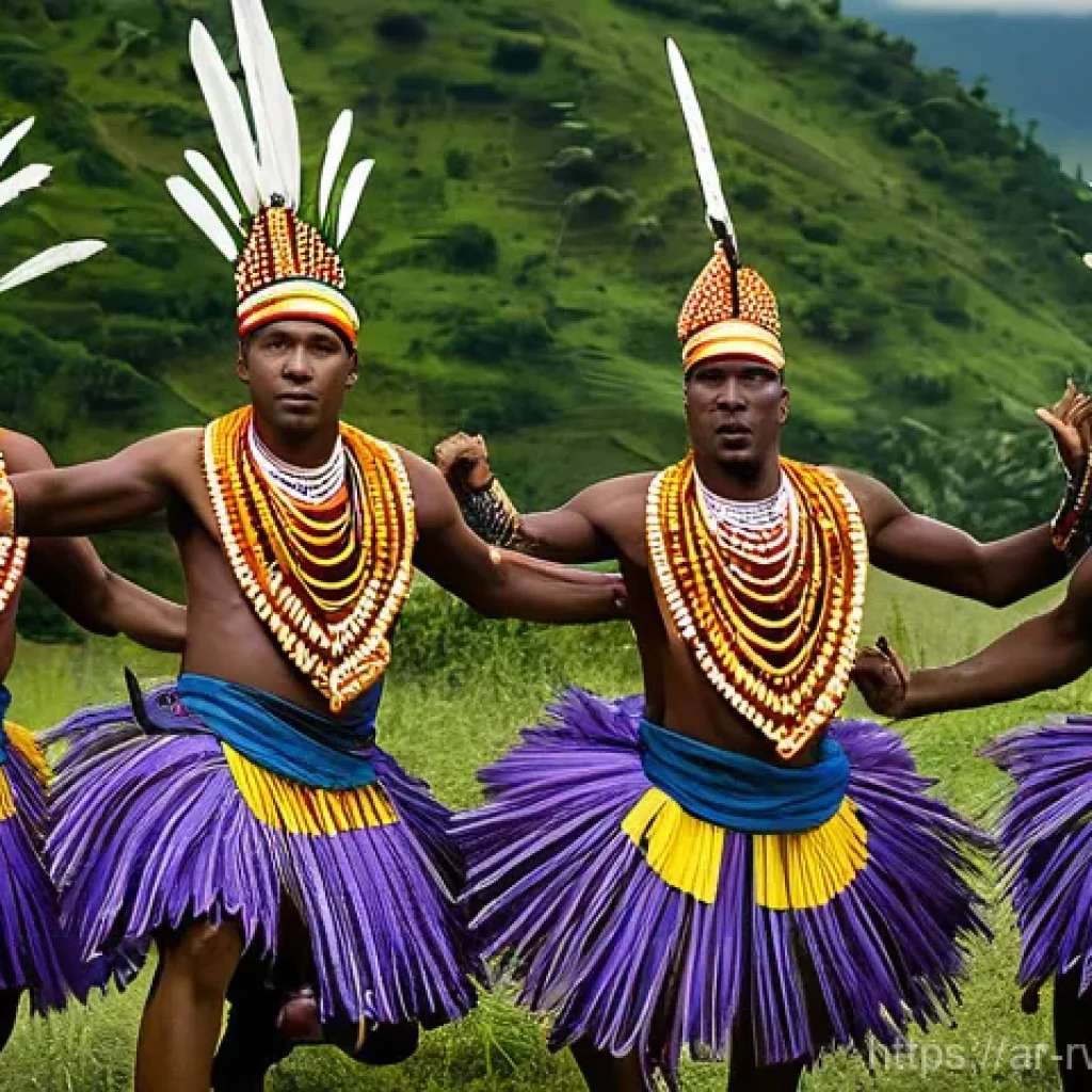 르완다 전통 춤 공연장 - **Prompt 1: Dynamic Intore Warrior Dance Performance**
"A group of proud Rwandan Intore male dan...