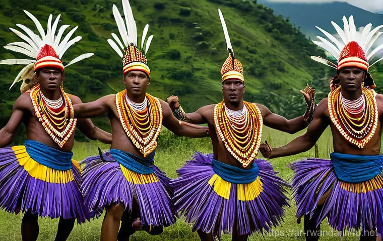 르완다 전통 춤 공연장 - **Prompt 1: Dynamic Intore Warrior Dance Performance**
    "A group of proud Rwandan Intore male dan...
