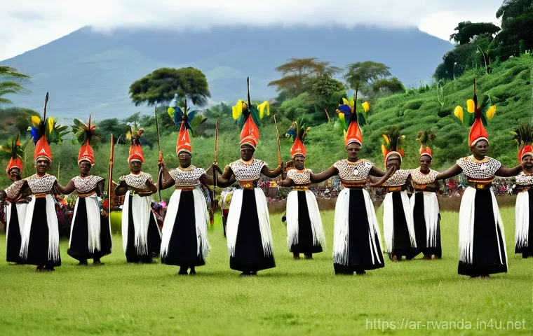 르완다 전통 춤 공연장 - **Prompt 2: Graceful Umushagiriro Women's Dance of Celebration**
    "Three elegant Rwandan women pe...