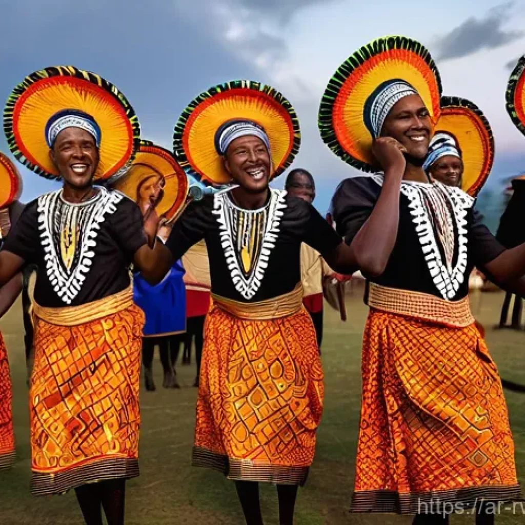 르완다 민속 음악 축제 - **A Vibrant Rwandan Music and Dance Festival:**
Capture a lively Rwandan festival scene at sunse...