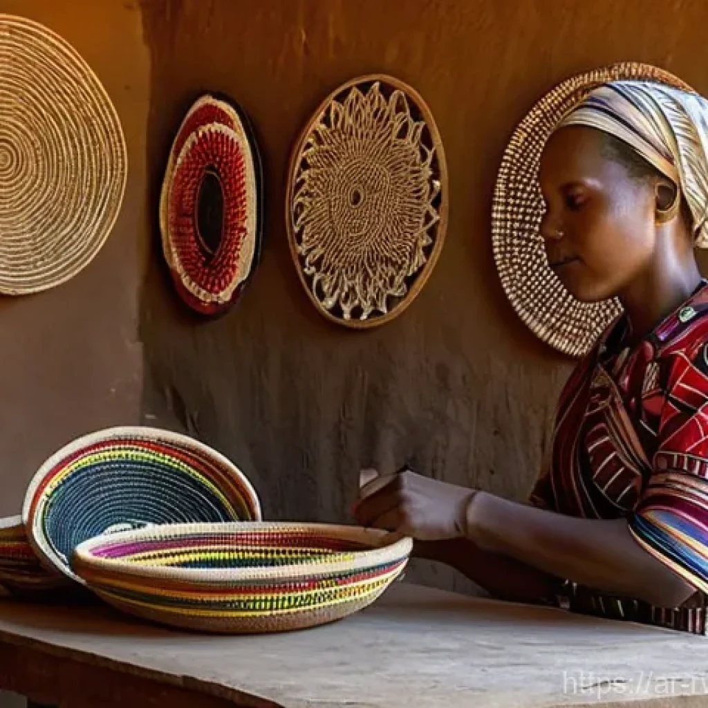 르완다의 문화 예술 지원 프로그램 - **Prompt: "A vibrant scene inside a sunlit community art workshop in rural Rwanda. Several Rwandan w...