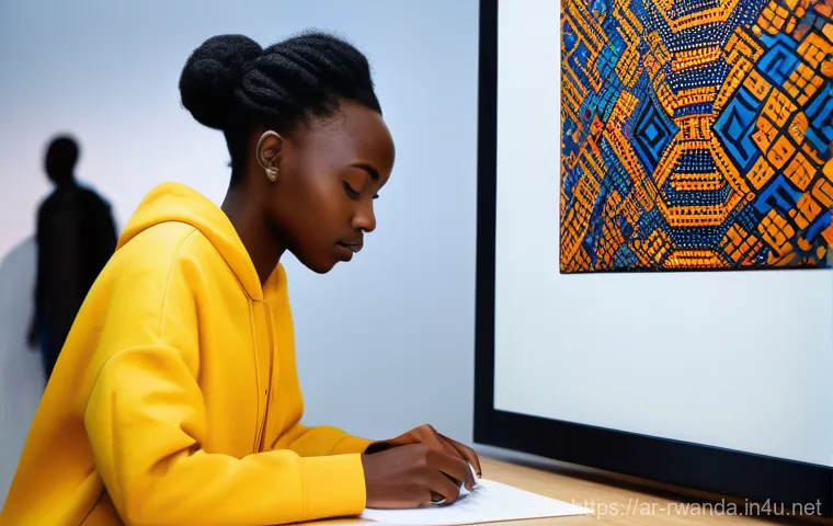 르완다의 문화 예술 지원 프로그램 - **Prompt: "A vibrant scene inside a sunlit community art workshop in rural Rwanda. Several Rwandan w...