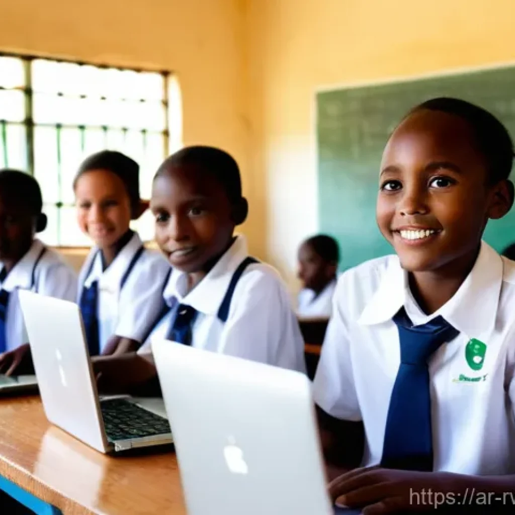 르완다의 인터넷 환경 - **Prompt 1: Empowering Education Through Technology**
"A group of diverse Rwandan school childre...