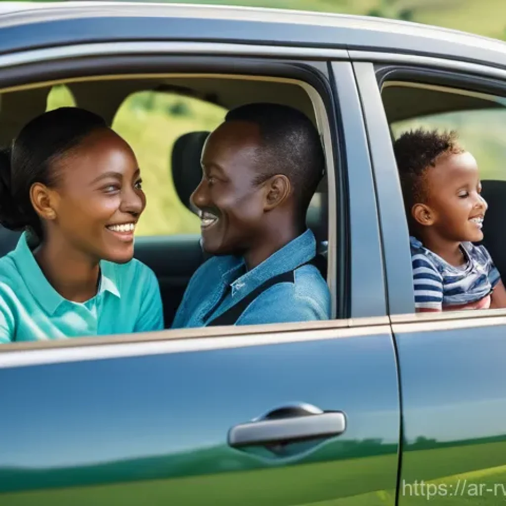 르완다에서의 교통 위반 벌금 - **Prompt:** A diverse family inside a clean, modern car on a scenic Rwandan road during the day. The...