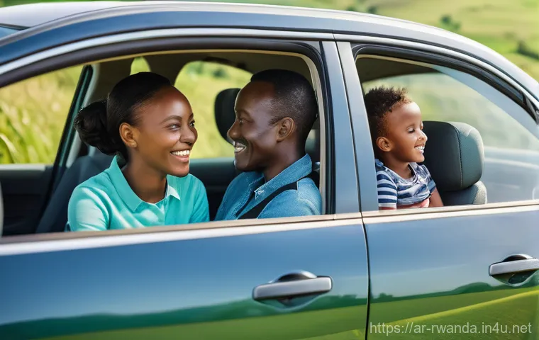 르완다에서의 교통 위반 벌금 - **Prompt:** A diverse family inside a clean, modern car on a scenic Rwandan road during the day. The...