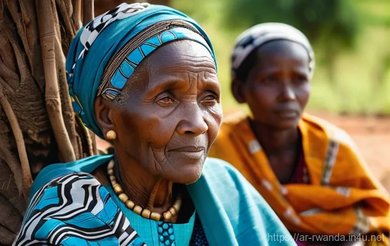 르완다 민속 문화 체험 프로그램 - **Prompt:** A serene and captivating close-up of an elderly Rwandan woman, her face etched with wisd...