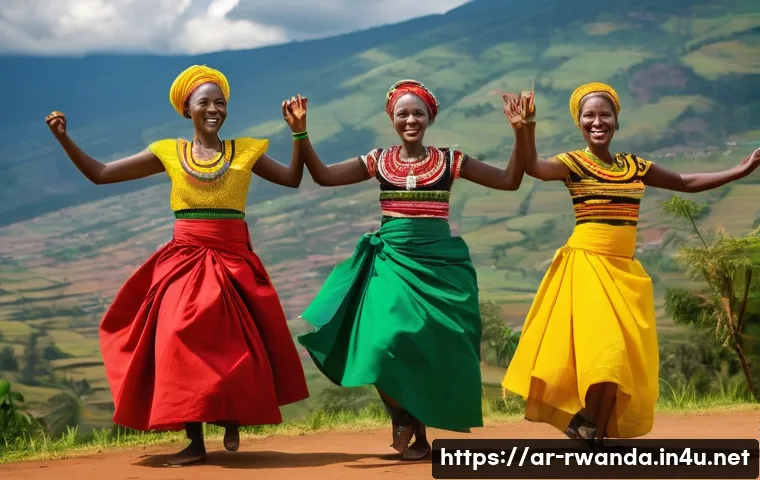 르완다 민속 춤의 건강 효과 - **Prompt 1: Rhythmic Heartbeat of Rwanda**
"A vibrant and energetic scene featuring three tradit...