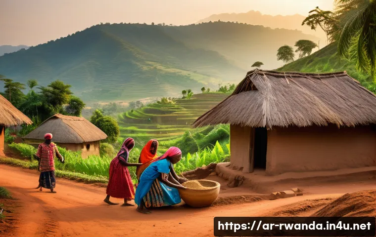 르완다 민속 마을 체험 - **Prompt 1: A Glimpse into Rwandan Village Life**
"A vibrant, realistic wide-angle shot of a tra...