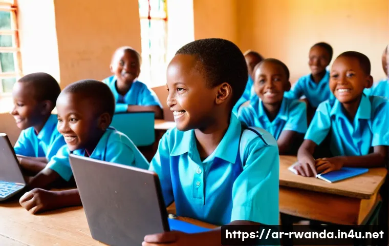 르완다의 주요 교육 프로그램 - "A vibrant, modern classroom in Rwanda, filled with enthusiastic primary school children, both boys ...