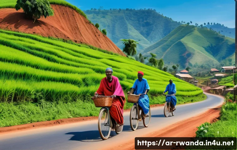 르완다의 주요 공공 정책 - A vibrant rural scene in Rwanda showcasing newly paved roads connecting remote villages to urban cen...