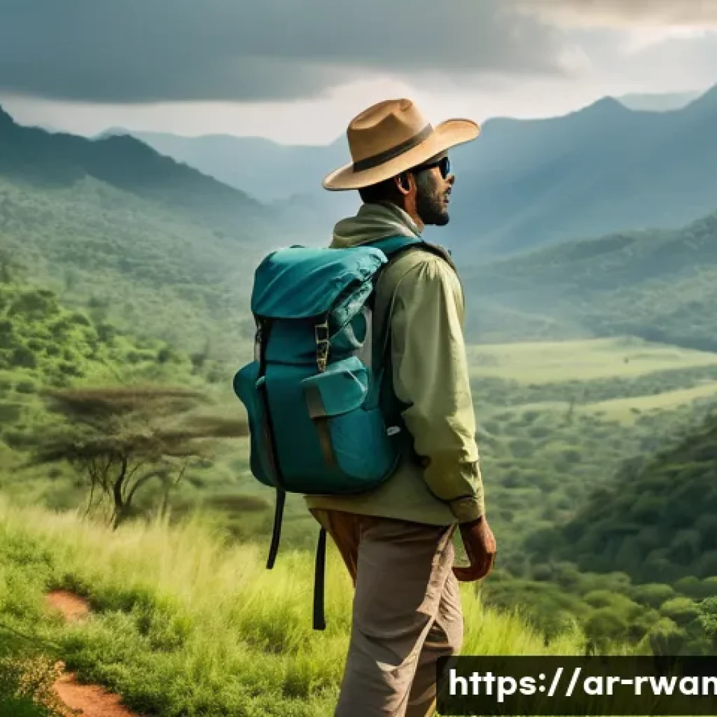 르완다 여행 필수 준비물 - A detailed outdoor scene depicting an Arabic traveler on a Rwandan safari, wearing light-colored, br...