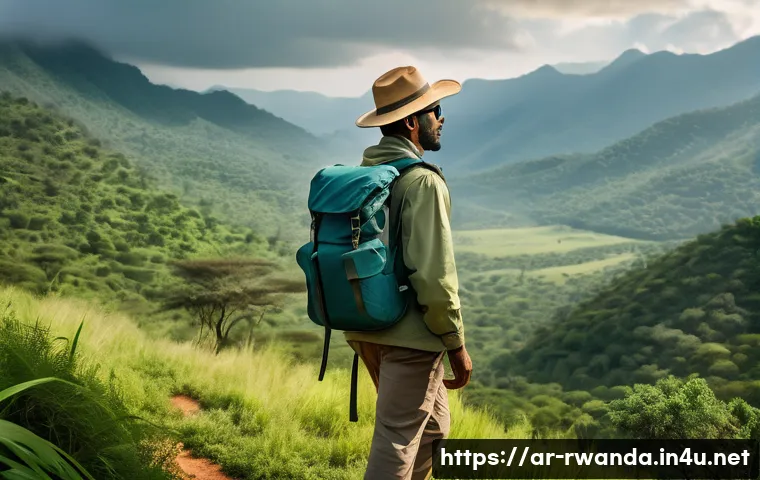 르완다 여행 필수 준비물 - A detailed outdoor scene depicting an Arabic traveler on a Rwandan safari, wearing light-colored, br...