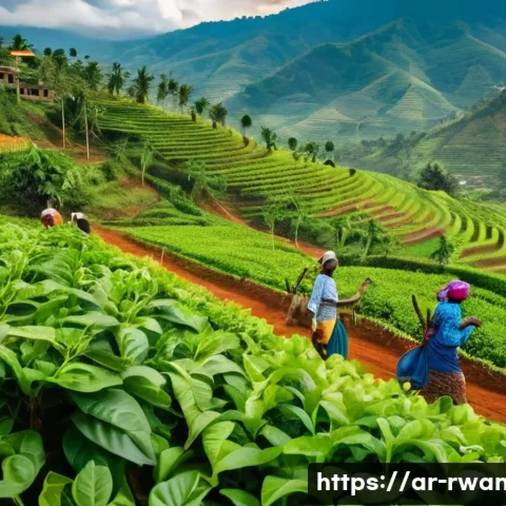 르완다에서의 공정무역 프로그램 - A vibrant rural Rwandan farming scene featuring local farmers—men and women dressed in traditional, ...