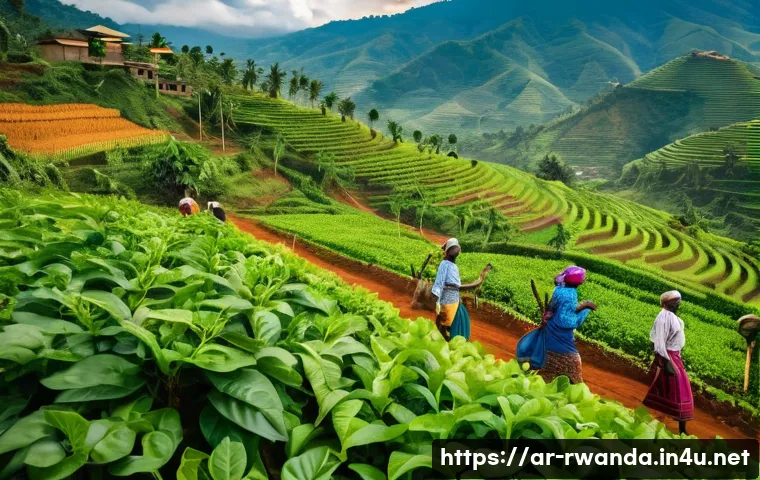 르완다에서의 공정무역 프로그램 - A vibrant rural Rwandan farming scene featuring local farmers—men and women dressed in traditional, ...