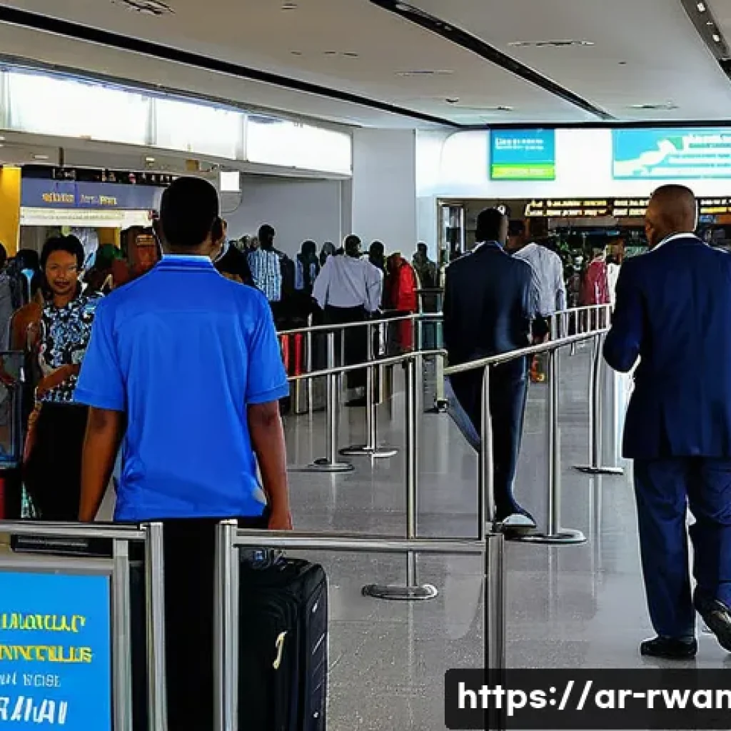 르완다 공항 도착 절차 - A busy arrival hall in Rwanda airport designed for Arabic-speaking travelers, showing a diverse grou...