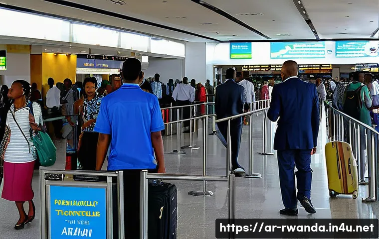 르완다 공항 도착 절차 - A busy arrival hall in Rwanda airport designed for Arabic-speaking travelers, showing a diverse grou...