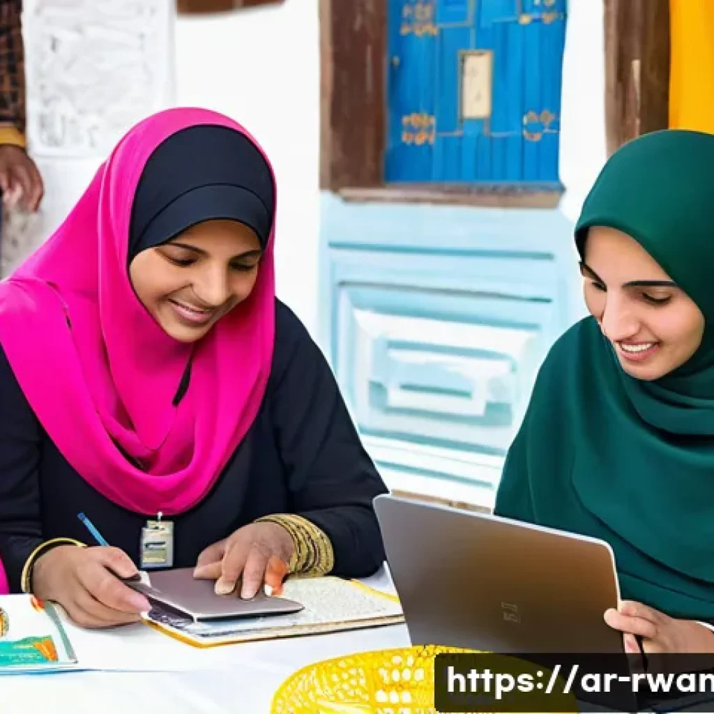 르완다 커뮤니티 센터 - A vibrant community center in an Arabic-speaking region, filled with young and adult learners engage...