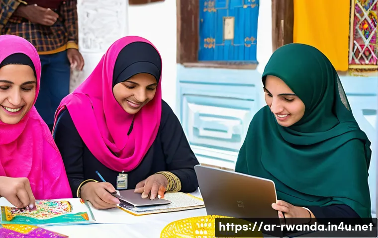 르완다 커뮤니티 센터 - A vibrant community center in an Arabic-speaking region, filled with young and adult learners engage...