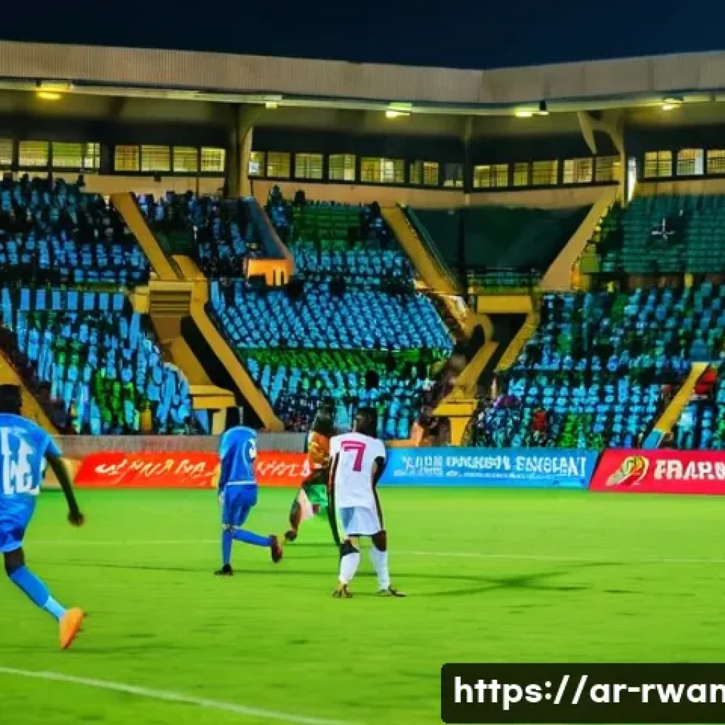 르완다의 주요 축구 리그 - A vibrant, modern Rwandan football stadium filled with enthusiastic fans wearing colorful team scarv...