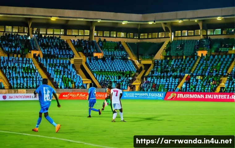 르완다의 주요 축구 리그 - A vibrant, modern Rwandan football stadium filled with enthusiastic fans wearing colorful team scarv...