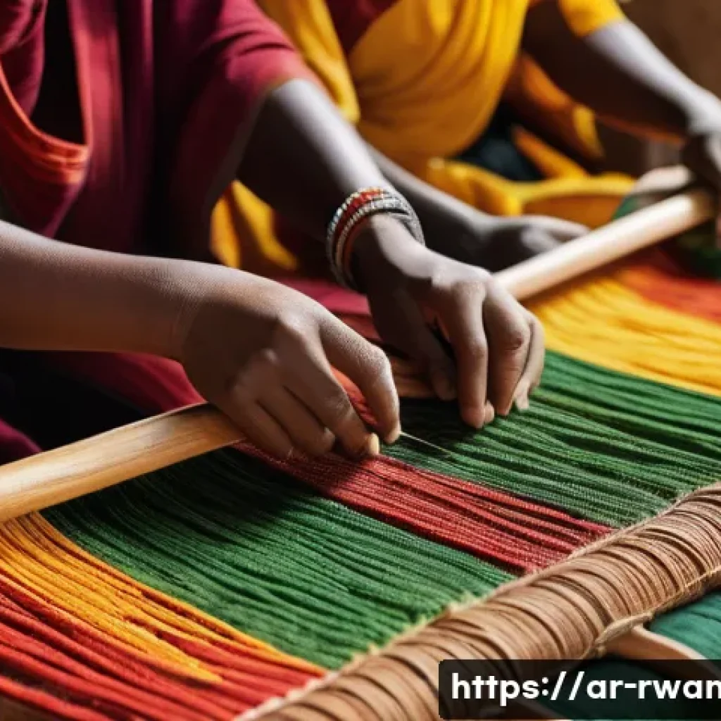 르완다의 전통 직물 산업 - A vibrant Rwandan artisan workshop scene showcasing skilled craftsmen and craftswomen weaving tradit...