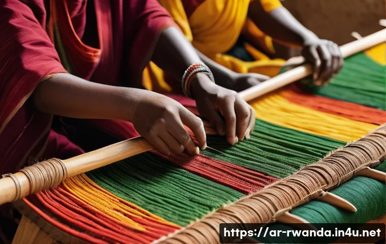 르완다의 전통 직물 산업 - A vibrant Rwandan artisan workshop scene showcasing skilled craftsmen and craftswomen weaving tradit...