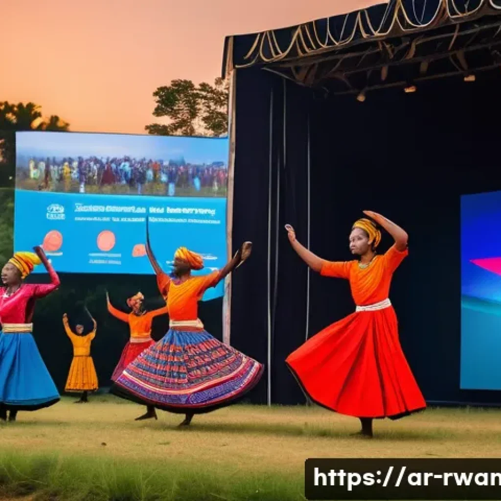 르완다의 민속 춤 페스티벌 개최 - A vibrant traditional Rwandan dance festival scene at sunset, featuring a group of dancers wearing c...