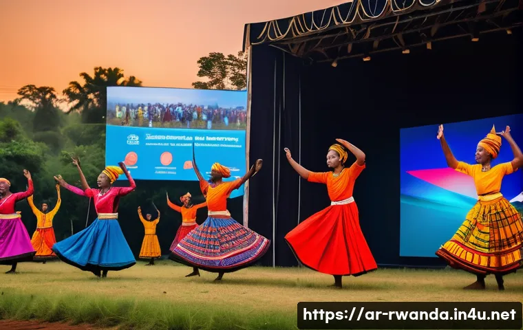 르완다의 민속 춤 페스티벌 개최 - A vibrant traditional Rwandan dance festival scene at sunset, featuring a group of dancers wearing c...