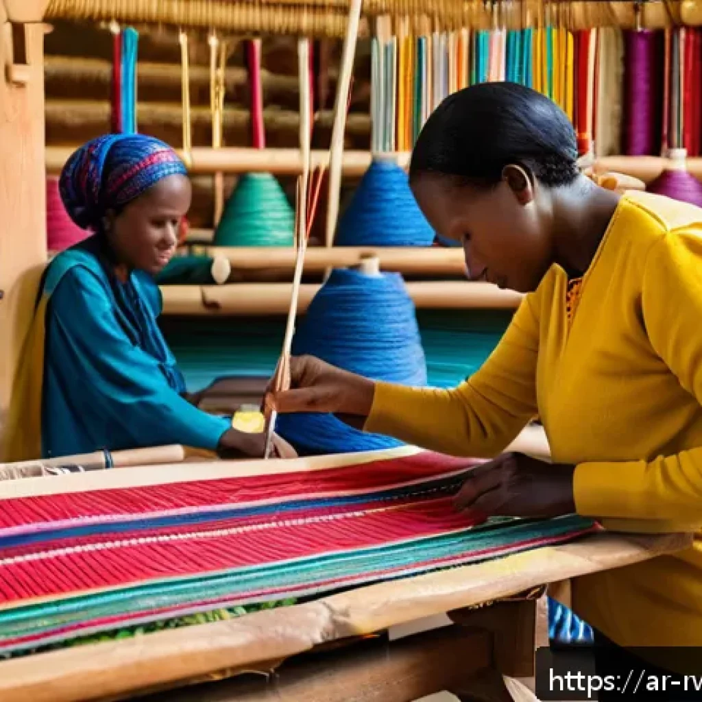 르완다 전통 직물 박물관 - A vibrant Rwandan artisan workshop scene showcasing skilled craftsmen and craftswomen weaving tradit...