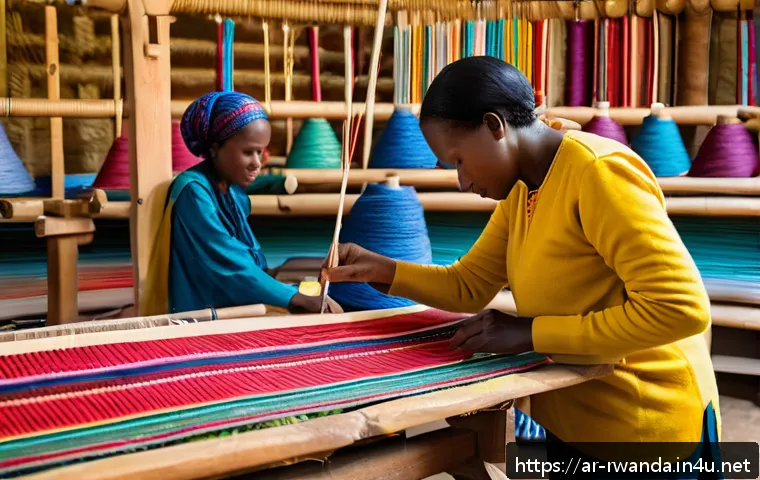 르완다 전통 직물 박물관 - A vibrant Rwandan artisan workshop scene showcasing skilled craftsmen and craftswomen weaving tradit...