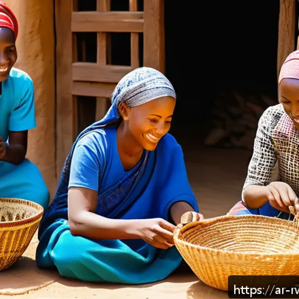 르완다의 주요 문화유산 보호정책 - A vibrant traditional Rwandan craft workshop scene in a rural village, showing enthusiastic young me...