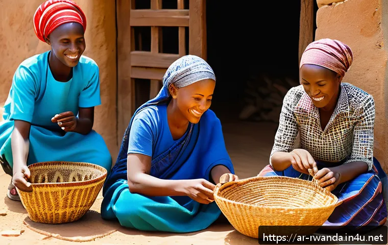 르완다의 주요 문화유산 보호정책 - A vibrant traditional Rwandan craft workshop scene in a rural village, showing enthusiastic young me...